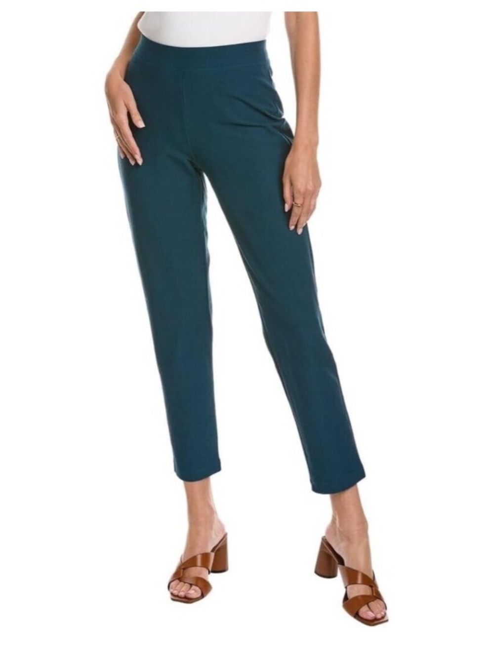 Eileen Fisher Pant Size L Pine/Forest Green Crepe Pull on Slim Straight Comfort